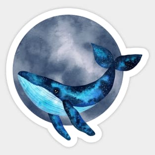 Cute watercolor space blue whale illustration with blue moon bubble Sticker